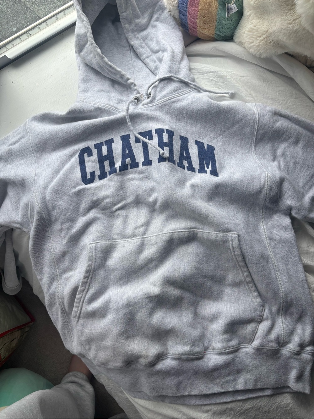 Champion Light Gray Hoodie with Navy CHATHAM Lettering